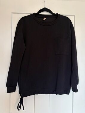 Black Crewneck Pocket Sweater with cinch tie